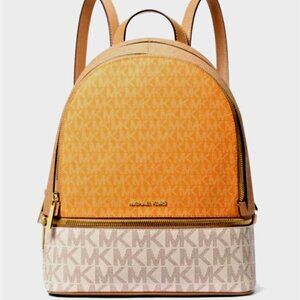New Michael Kors Rhea Medium Colorblock Signature Logo Backpack Pop Orange Multi